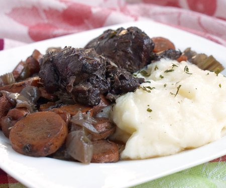 Red wine braised venison with mashed potatoes.