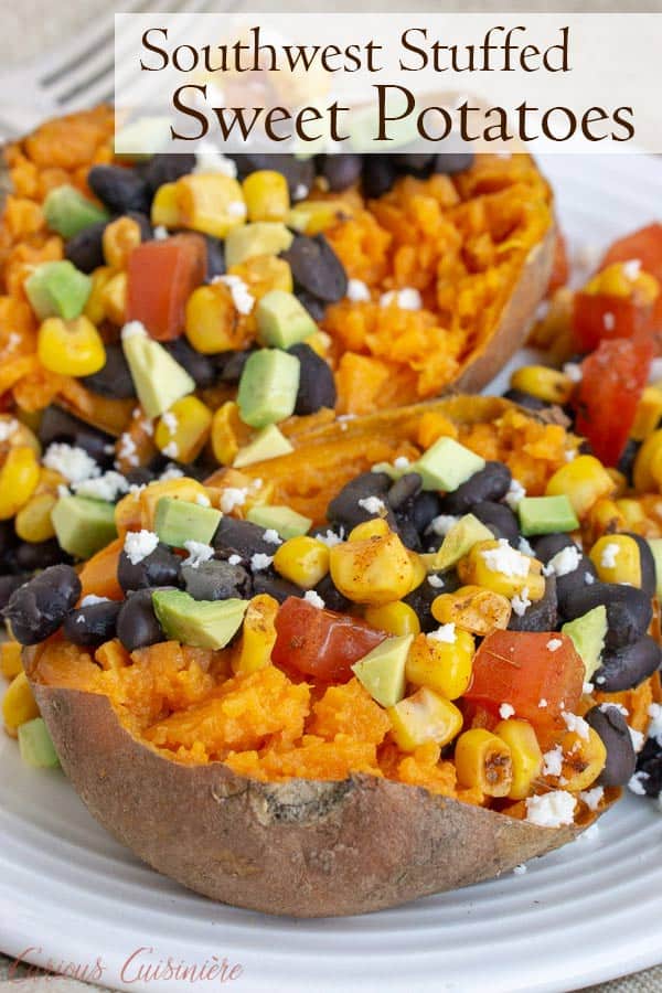Our Southwest Stuffed Sweet Potatoes are filled with a homemade corn salsa, queso fresco, avocado, and black beans for a nutrient rich twist on a loaded baked potato. #sweetpotatoes #falldinner | www.CuriousCuisiniere.com