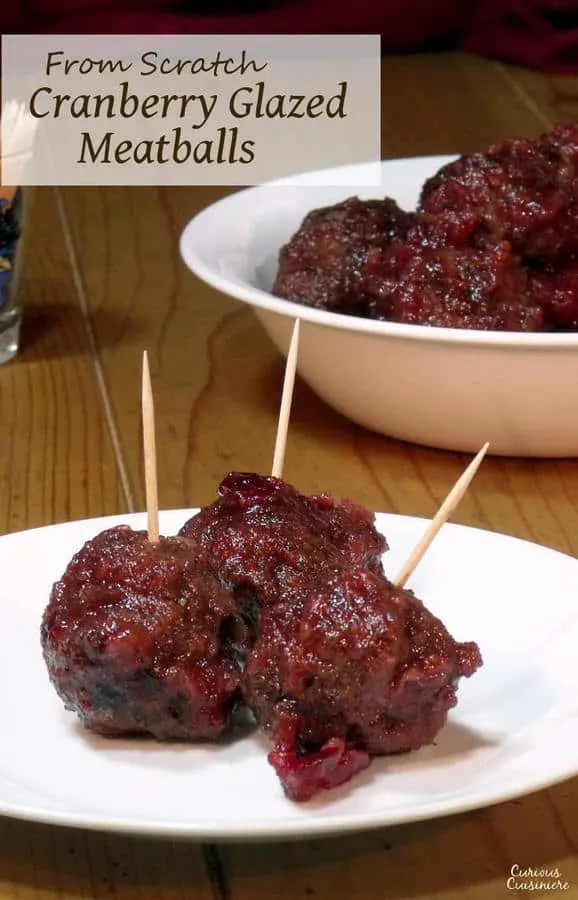 A sweet and tangy homemade cranberry sauce with a bit of a kick makes the perfect glaze for these Venison Meatballs. (You can use it with regular meatballs too!) | www.CuriousCuisiniere.com