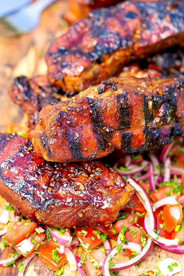 Country style rib marinade on pork ribs, close up