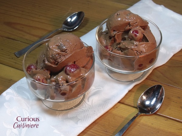 Dark chocolate and tart cherries evoke the flavors of German Black Forest Cake in this Black Forest Ice Cream that is made lighter with yogurt. |  Curious Cuisiniere