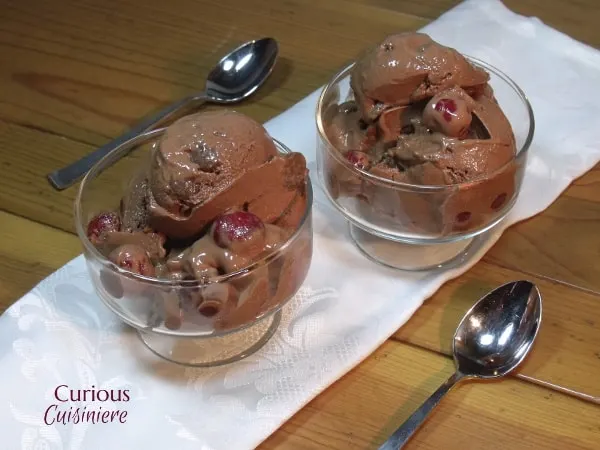 Dark chocolate and tart cherries evoke the flavors of German Black Forest Cake in this Black Forest Ice Cream that is made lighter with yogurt. |  Curious Cuisiniere