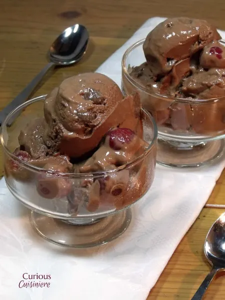 Dark chocolate and tart cherries evoke the flavors of German Black Forest Cake in this Black Forest Ice Cream that is made lighter with yogurt. | Curious Cuisiniere