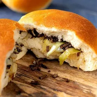 Bierocks (German Stuffed Rolls) torn open to see filling