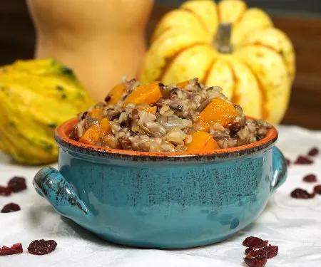 This hearty Butternut Squash Wild Rice Pilaf with Cranberries makes a delicious fall side dish or Thanksgiving stuffing! | www.CuriousCuisiniere.com