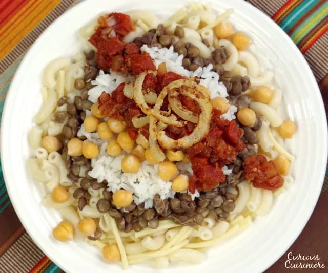 Often called the national dish of Egypt, Kushari is a hearty combination of flavors and textures all topped off with spicy tomato sauce and fried onions. | www.CuriousCuisiniere.com
