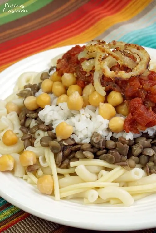 Often called the national dish of Egypt, Kushari is a hearty combination of flavors and textures all topped off with spicy tomato sauce and fried onions. | www.CuriousCuisiniere.com