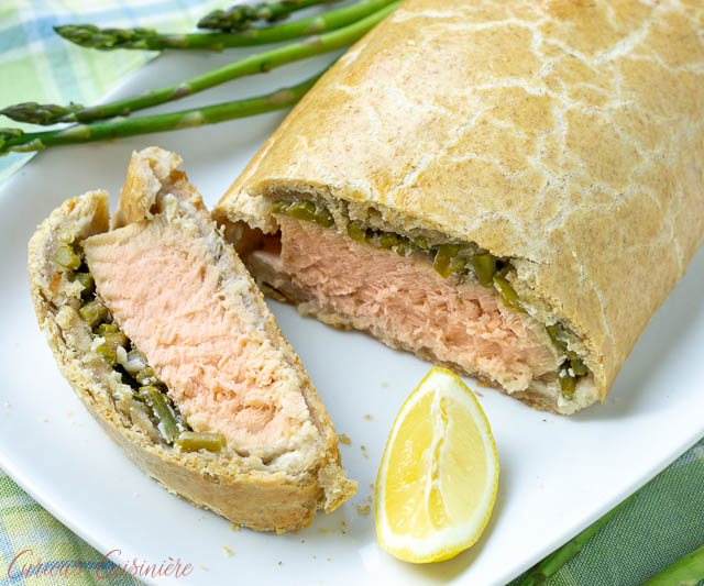 Overhead shot of a slice of salmon in puff pastry. 