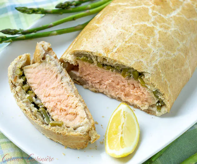 Overhead shot of a slice of salmon in puff pastry.