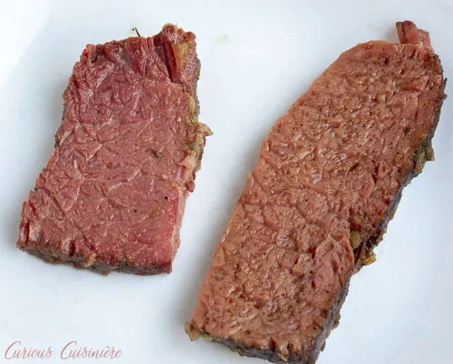 Choosing a quality brand for your corned beef brisket is important. Here you can see the difference in two cuts of corned beef flat that were cooked in the same manner. 