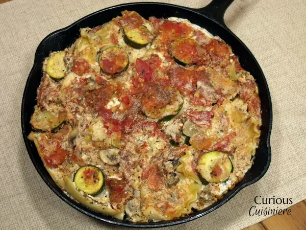 Our Skillet Zucchini Mushroom Lasagna is an easy, vegetarian lasagna that doesn't require all the mystery and time of oven baking. | Curious Cuisiniere