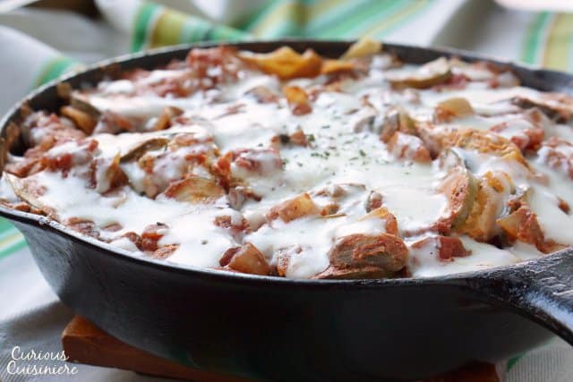 Close up of cheesy skillet lasagna.