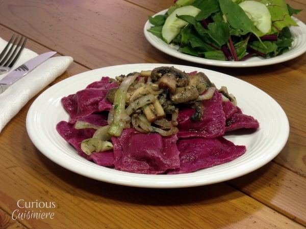 Beet Ravioli with Sautéed Mushrooms from Curious Cuisiniere #pasta #Italiancooking