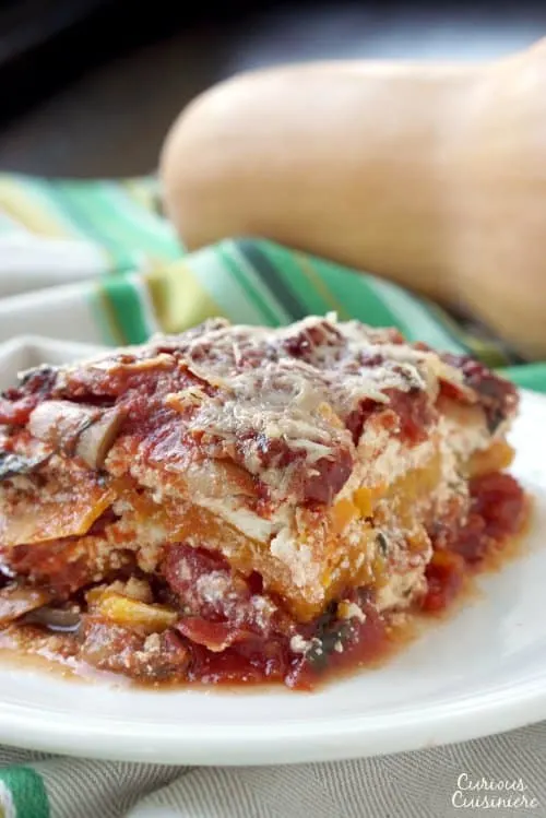 This Butternut Squash Lasagna gives noodleless lasagna a whole new fall twist! Try our tasty, vegetarian recipe today! | www.CuriousCuisiniere.com