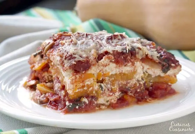 This Butternut Squash Lasagna gives noodleless lasagna a whole new fall twist! Try our tasty, vegetarian recipe today! | www.CuriousCuisiniere.com