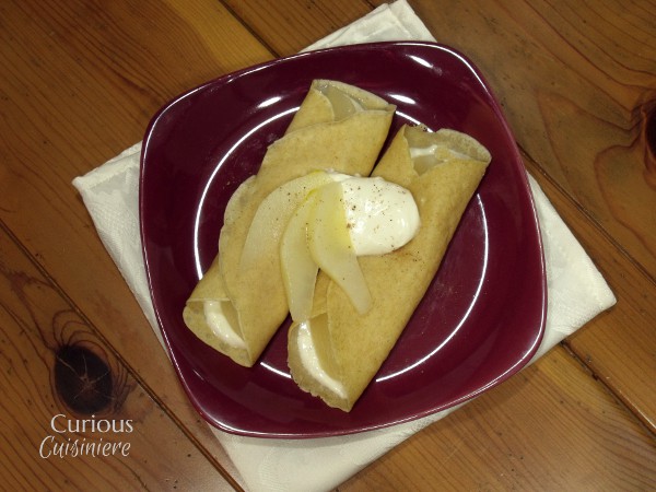 White Wine Poached Pear Crepes from Curious Cuisiniere #fallfruit