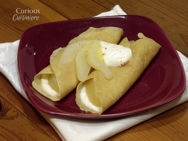 White Wine Poached Pear Crepes from Curious Cuisiniere #fallfruit