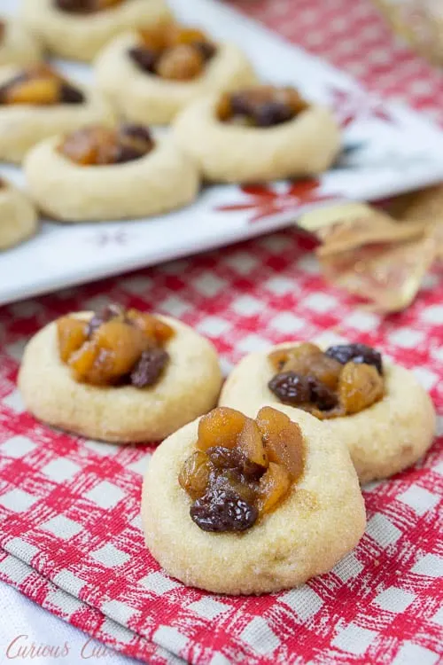 Thumbprint Mincemeat Cookies on a Christmas napkin