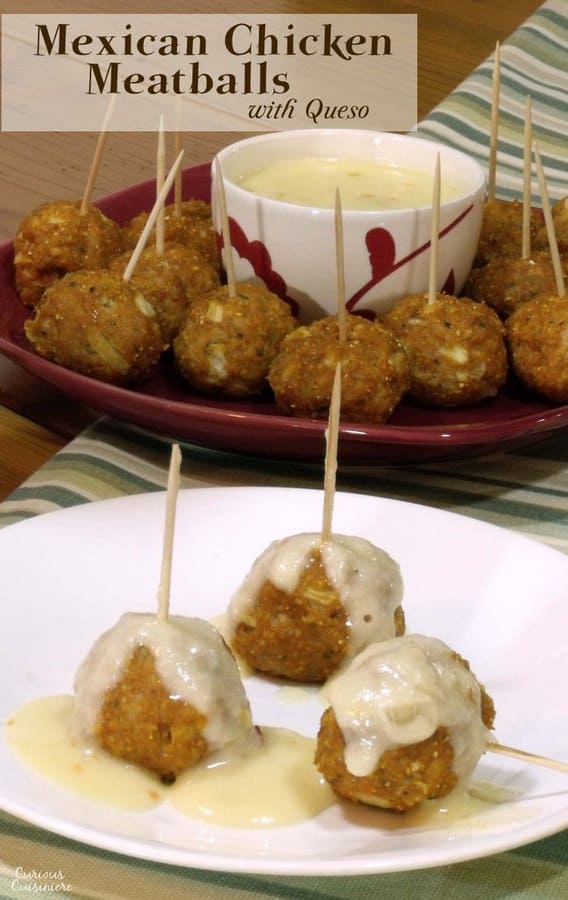 Mexican-spiced ground chicken makes for a fun twist on meatballs. Serve these Chicken Meatballs with some spicy queso for a fun and tasty appetizer! | www.CuriousCuisiniere.com