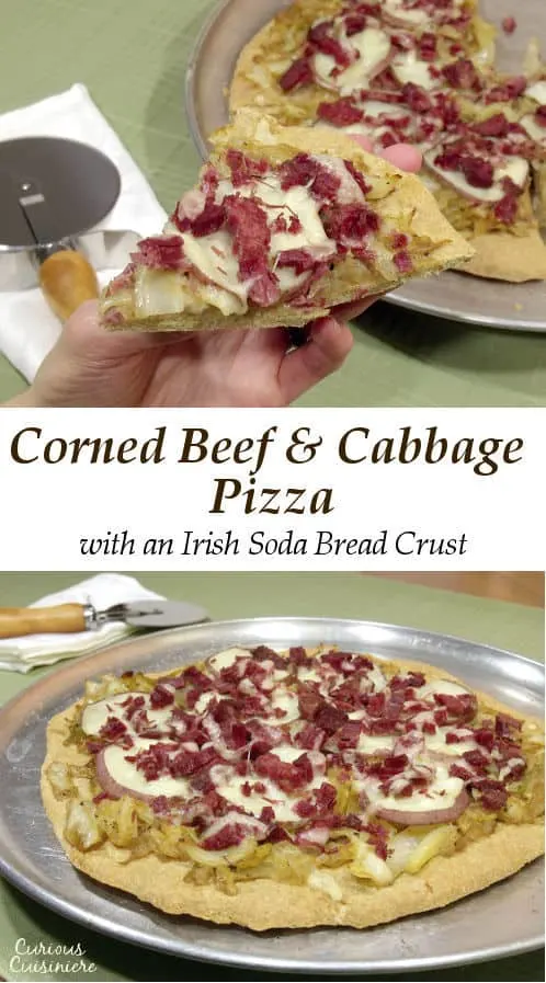 A hand-held spin on the classic corned beef and cabbage dinner, Corned Beef and Cabbage Pizza layers all the classic fixings atop a Soda Bread crust. | www.CuriousCuisiniere.com