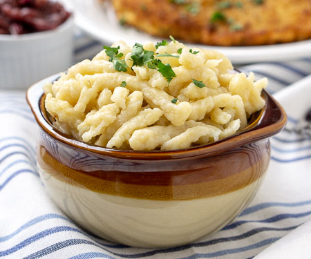 German Spaetzle in a brown crock - small image.