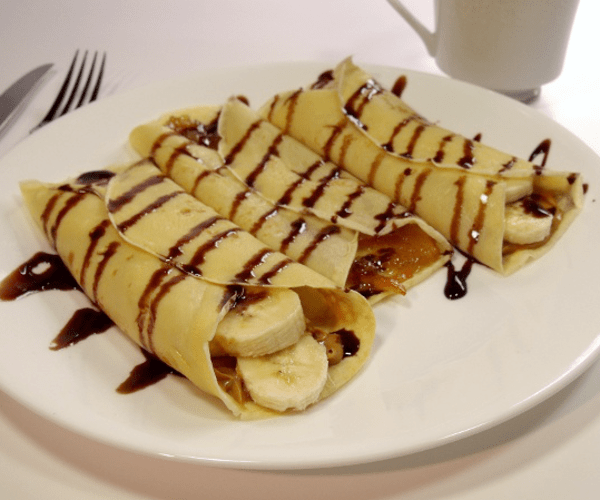 Slightly sweet French crepes can be filled with bananas and nutella, jam, or your favorite filling for a tasty breakfast or dessert.