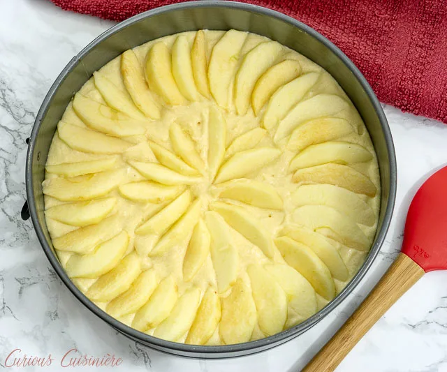 Apples layered over cake batter in a spring-form pan before baking Apfelkuchen, German Apple Cake. | www.CuriousCuisiniere.com