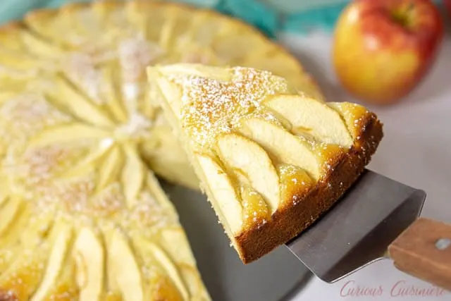 A slice of moist and buttery Apfelkuchen, German Apple Cake, showing off the apple topping. | www.CuriousCuisiniere.com