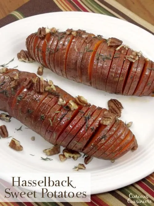 Hasselback sweet potatoes make for a beautifully presented holiday side dish. They're the perfect alternative to sweet potato casserole for your Thanksgiving table! | www.curiouscuisiniere.com