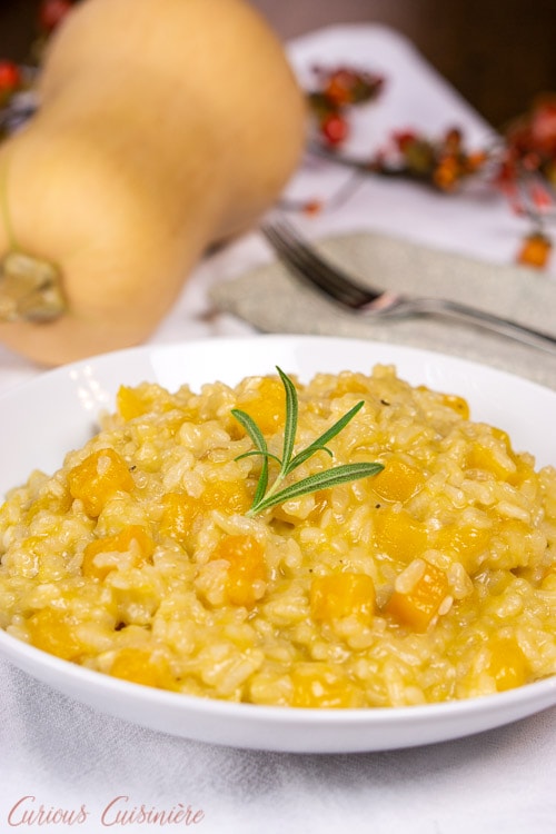 Risotto alla Zucca (Winter Squash Risotto) garnished with sage