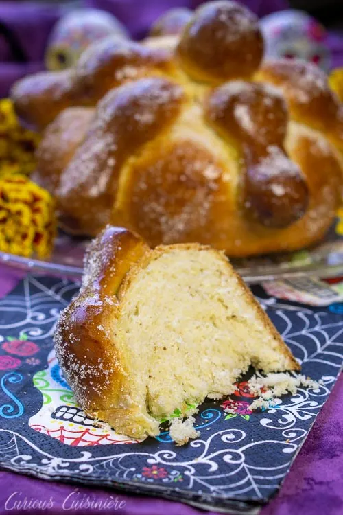 A slice of Mexican Day of the Dead Bread Pan de Muerto 