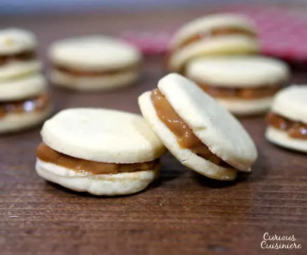 Creamy dulce de leche, sandwiched between two crisp and buttery shortbread cookies makes these Argentinian Alfajores a recipe worth indulging in for the holidays. | www.curiouscuisiniere.com