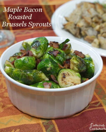 Slightly sweet, slightly salty this recipe for Maple Bacon Roasted Brussels Sprouts is sure to be a winning side dish on your holiday table or any day! | www.curiouscuisiniere.com