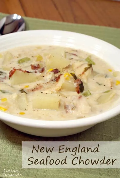 This recipe for New England Seafood Chowder creates a versatile and tasty soup, perfect for a cold winter day. | www.curiouscuisiniere.com