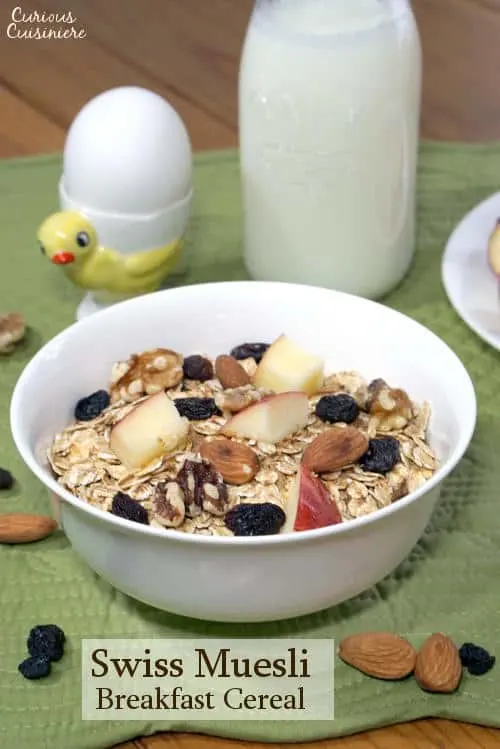 This Swiss Muesli Recipe brings protein-packed toasted, nutty goodness to breakfast. Serve it with a cup of milk and a hard boiled egg for a protein rich way to start your day. | www.CuriousCuisiniere.com