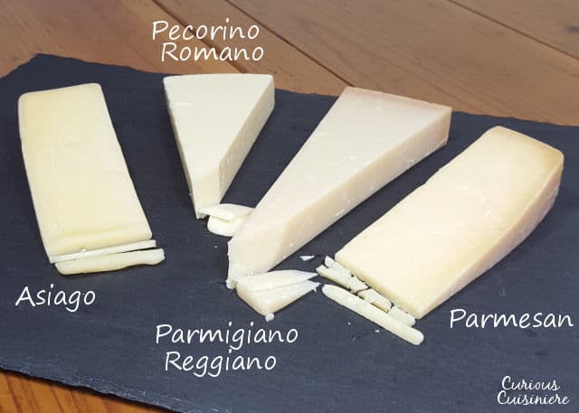 Parmesan, Romano, and Asiago cheese can look similar, but we've broken down their differences, so you know which Italian cheese to grab for your spaghetti. | www.CuriousCuisiniere.com