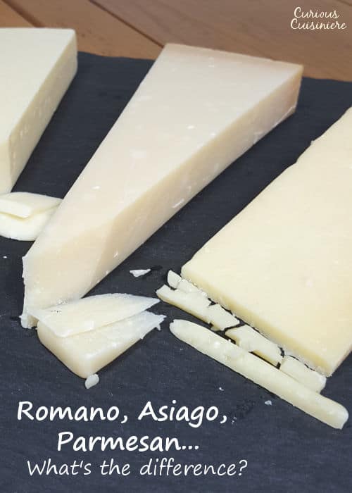 Parmesan, Romano, and Asiago cheese can look similar, but we've broken down their differences, so you know which Italian cheese to grab for your spaghetti. | www.CuriousCuisiniere.com