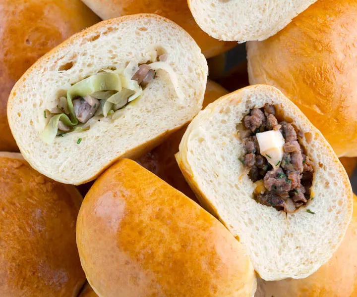 Baked Piroshki - Russian Stuffed Rolls with beef or cabbage filling