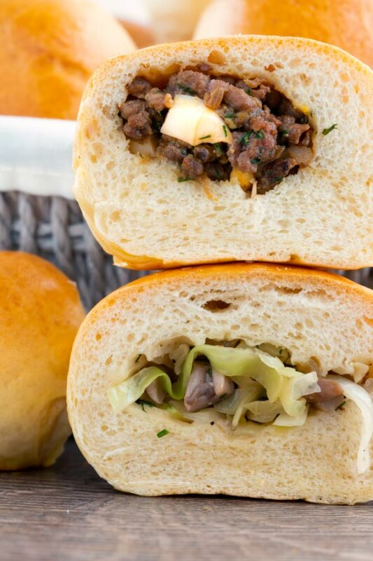 Baked Piroshki - Russian Stuffed Rolls beef and egg or cabbage and mushroom fillings