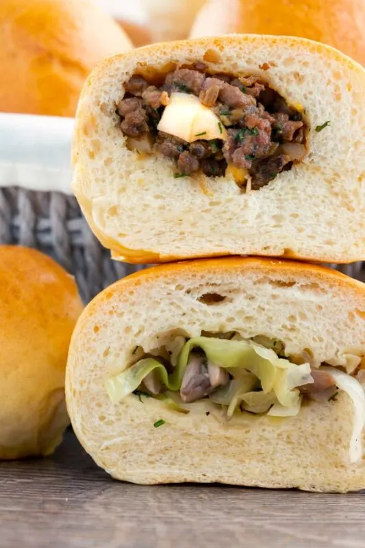 Baked Piroshki - Russian Stuffed Rolls beef and egg or cabbage and mushroom fillings