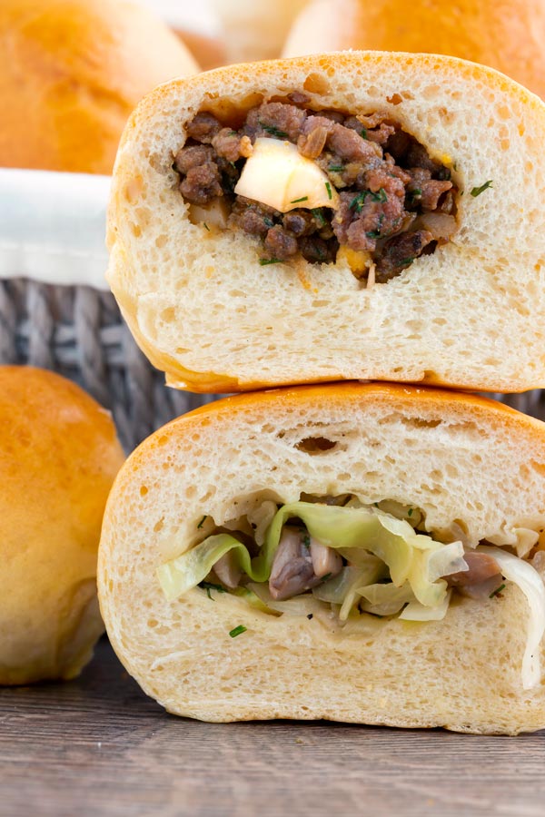 Baked Piroshki - Russian Stuffed Rolls beef and egg or cabbage and mushroom fillings