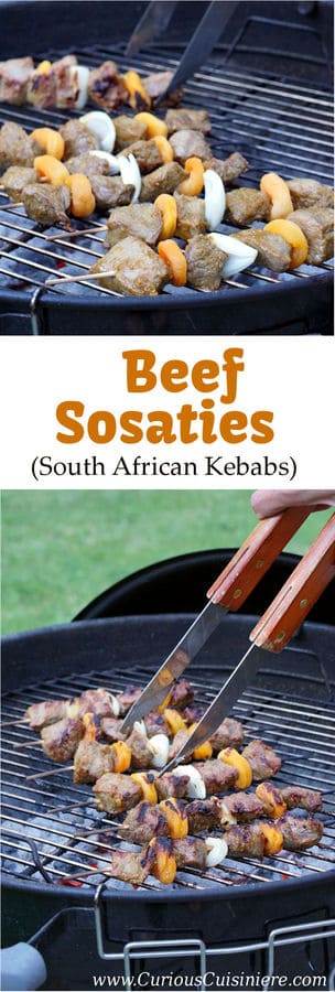 Sosaties are South African kebabs marinated in a sweet curry sauce. Our beef version is tender, lightly caramelized, and everything you want in a summer barbecue recipe. Perfectly paired with a South African Pinotage wine. | www.CuriousCuisiniere.com
