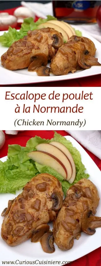 Tender and creamy Poulet à la Normande (Chicken Normandy) brings apples, mushrooms, brandy, and cream together into one seriously comforting and easy to make French dish. | www.CuriousCuisiniere.com