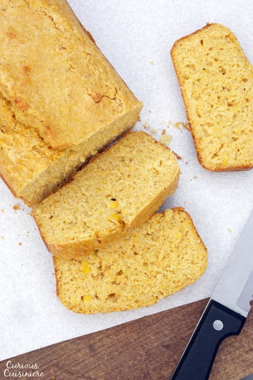 Kernels of sweet corn stud this sweet and flavorful Mealie Bread, a South African sweetcorn bread that is sure to delight any cornbread fan. | www.CuriousCuisiniere.com