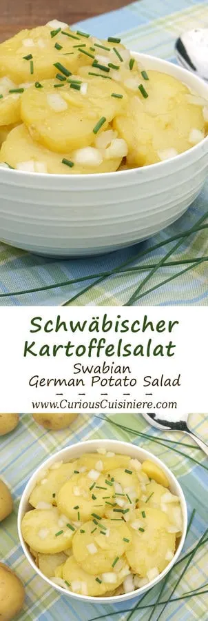 Tangy and sweet Schwabischer Kartoffelsalat, is flavorful German Potato Salad, perfect for your next cookout or picnic, or for celebrating Oktoberfest. | www.CuriousCuisiniere.com