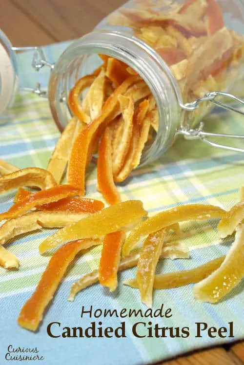 Candied Lemon Peel and Candied Orange Peel are common ingredients in Holiday baking. Skip the hard, store-bought versions and make your own. It's easy! | www.CuriousCuisiniere.com 