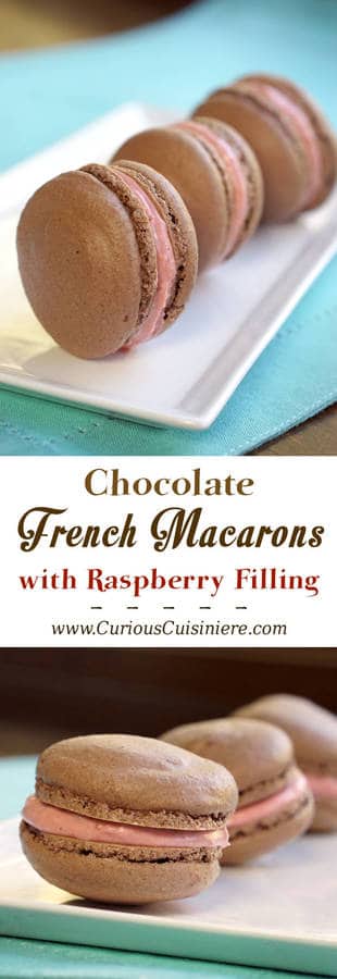These Chocolate French Macarons combine a soft and fudgy macaron cookie with a raspberry filling for a perfectly delightful combo. | www.CuriousCuisiniere.com
