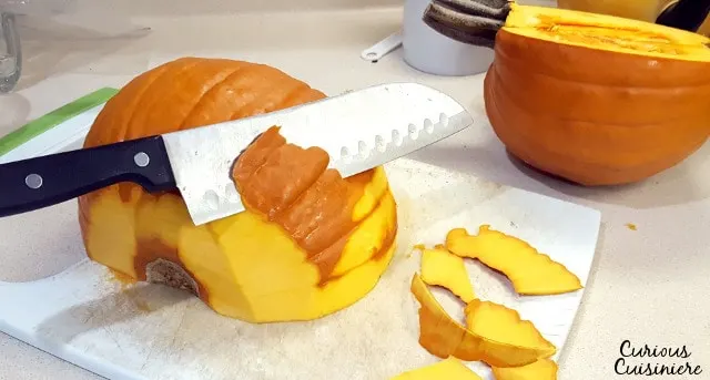 Peeling a raw pumpkin can be a bit challenging, but with a little practice and a sharp knife, the pumpkin can be mastered! | www.CuriousCuisiniere.com