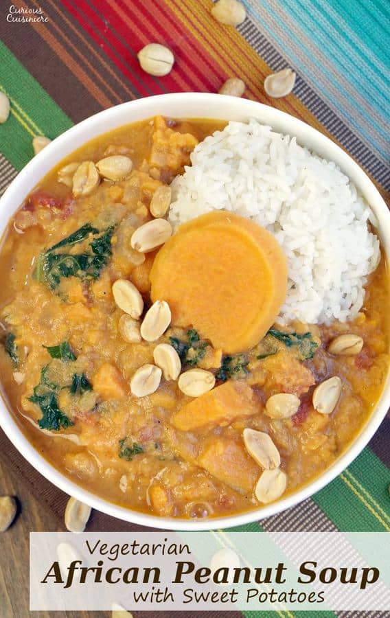 This Vegetarian African Peanut Soup with Sweet Potatoes is a perfect, comforting fall recipe, full of sweet and nutty flavors. | www.CuriousCuisiniere.com 