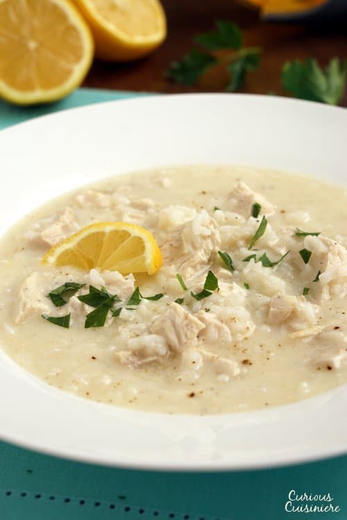 Avgolemono is a light, Greek soup that combines chicken, rice, and lemon in a perfectly refreshing meal or starter. | www.CuriousCuisiniere.com